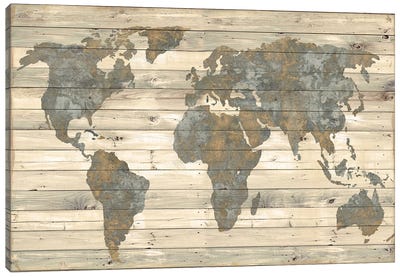 World Map On Wood - Vintage Tan Canvas Art Print - 3-Piece Map Art