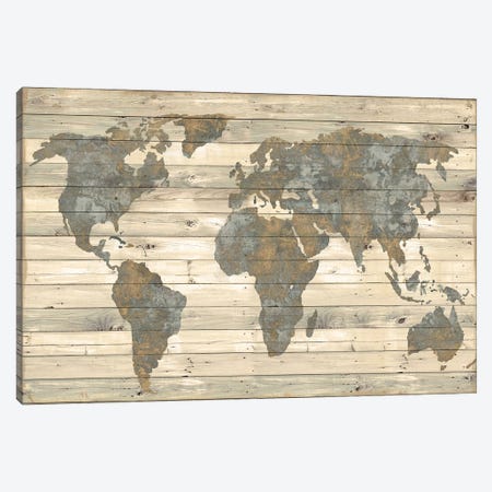 World Map On Wood - Vintage Tan Canvas Print #DWL36} by Jamie MacDowell Art Print