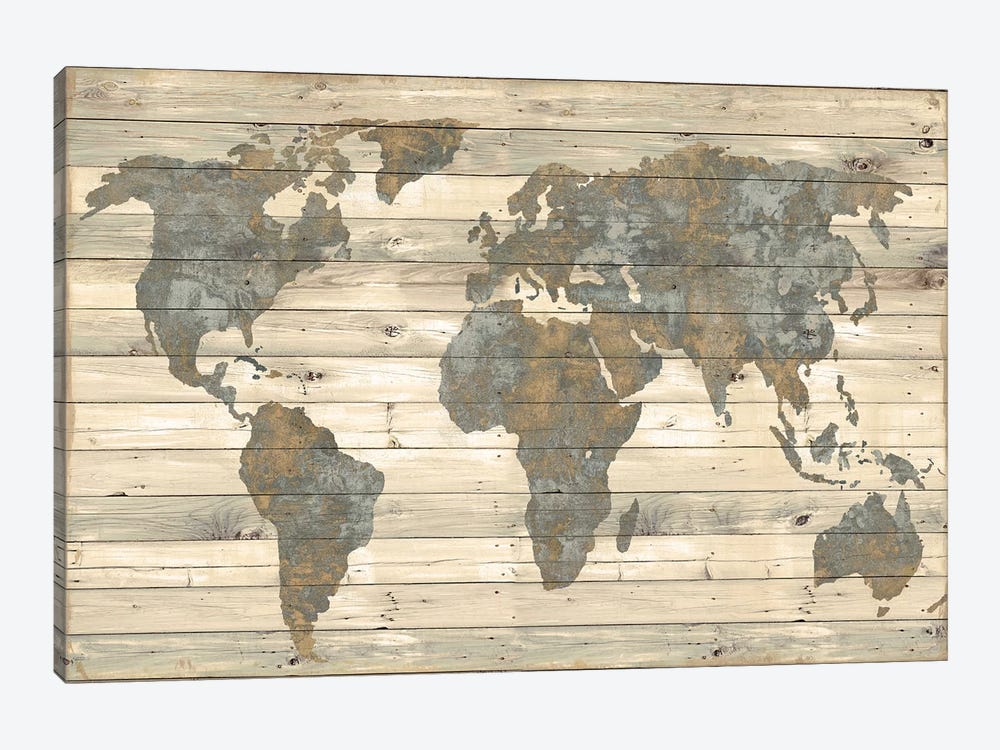 World Map On Wood - Vintage Tan by Jamie MacDowell 1-piece Canvas Art