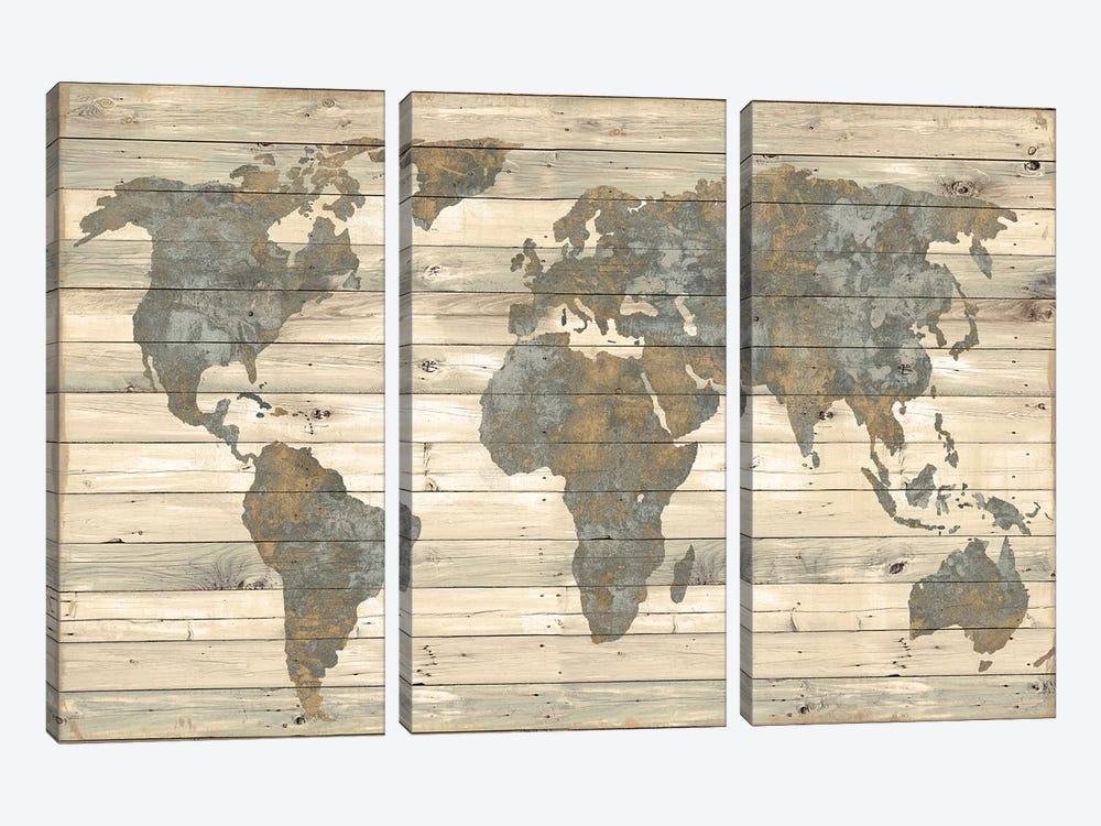 World Map On Wood - Vintage Tan by Jamie MacDowell 3-piece Canvas Artwork