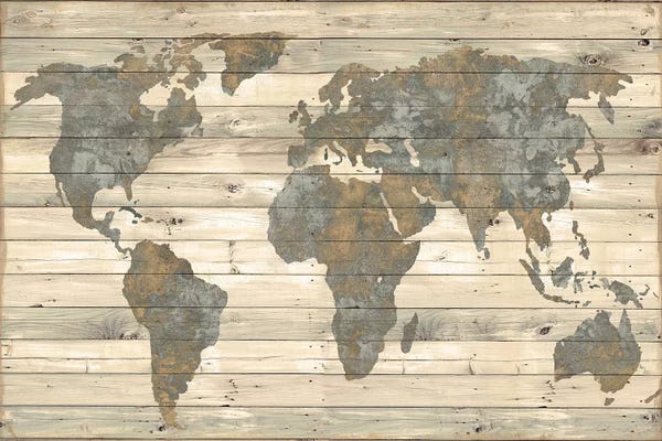 Large Map Art - Canvas Prints: World Map On Wood - Vintage Tan by Jamie MacDowell
