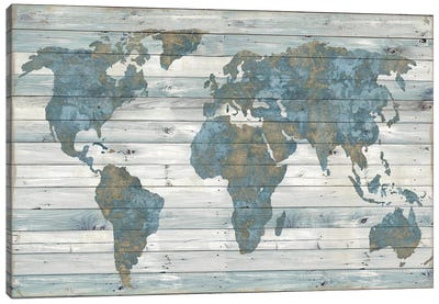 World Map On Wood Canvas Art Print - Color Palettes