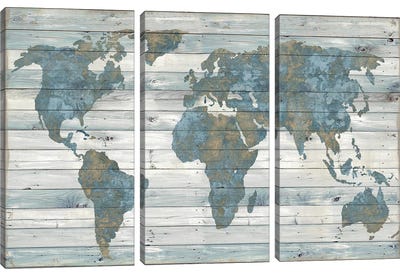 World Map On Wood Canvas Art Print - 3-Piece Map Art
