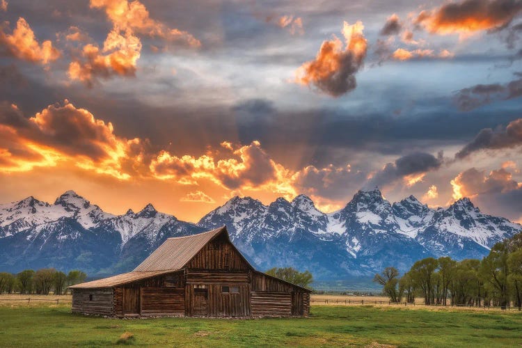 Moulton barn sunset fire