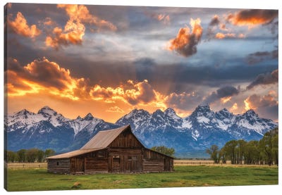 Moulton barn sunset fire Canvas Art Print - Country Scenic Photography