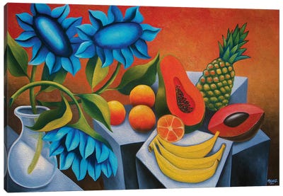 Fruits With Blue Flower Canvas Art Print - Artists Like Picasso