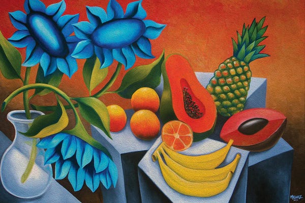 Dixie Miguez: Fruits With Blue Flower by Dixie Miguez
