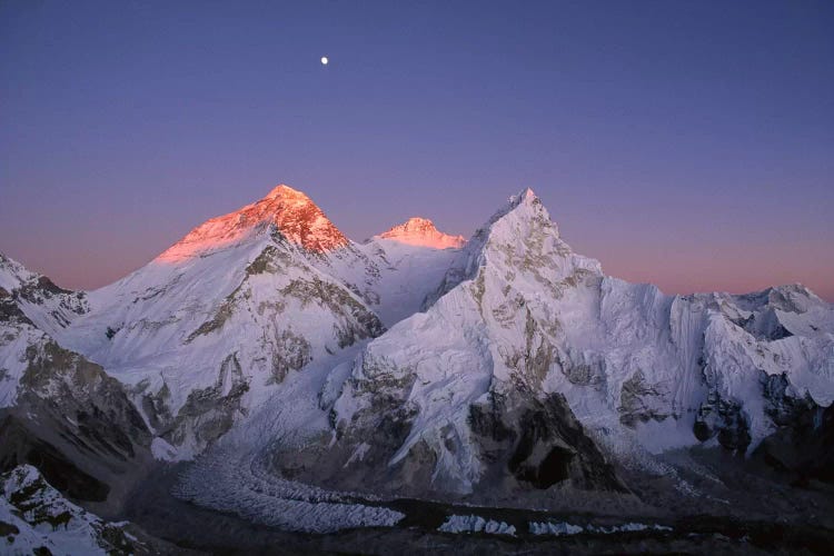 Moon Over Summit Of Mount Everest, Lhotse, And Nuptse As Seen From Mount Pumori, Sagarmatha National Park, Nepal