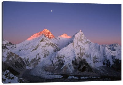 Moon Over Summit Of Mount Everest, Lhotse, And Nuptse As Seen From Mount Pumori, Sagarmatha National Park, Nepal Canvas Art Print