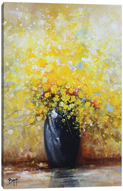 Bouquet Of Yellow Flowers With Black Vase Canvas Art Print - Eric Bruni