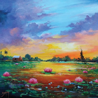 Black & Dark Art - Canvas Prints: Lotus And Golden Glow by Eric Bruni