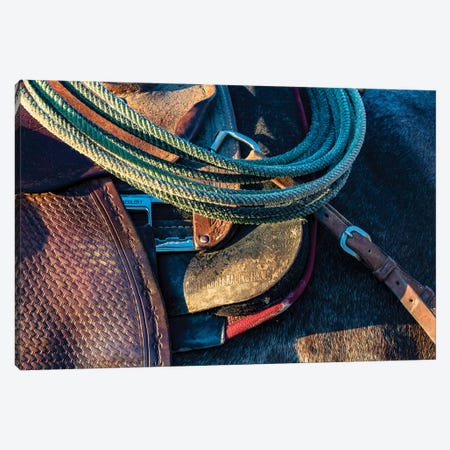 USA, California, Parkfield, V6 Ranch detail of a saddle and lasso Canvas Print #ECL3} by Ellen Clark Canvas Artwork