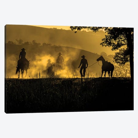 USA, California, Parkfield, V6 Ranch silhouette of riders, on horseback. Early dusty morning.  Canvas Print #ECL4} by Ellen Clark Canvas Print