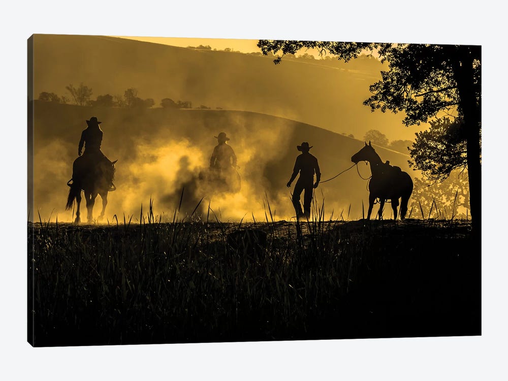 USA, California, Parkfield, V6 Ranch silhouette of riders, on horseback. Early dusty morning.  by Ellen Clark 1-piece Canvas Art Print