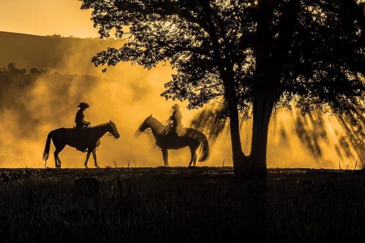 USA, California, Parkfield, V6 Ranch silhouette of two riders on horseback. Early dusty morning. 