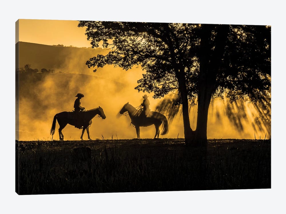 USA, California, Parkfield, V6 Ranch silhouette of two riders on horseback. Early dusty morning.  by Ellen Clark 1-piece Canvas Wall Art