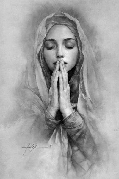 Black & White Drawings & Illustrations: Mary Praying by Jeff Echevarria