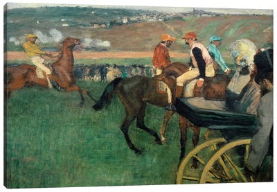 The racetrack, amateur jockeys near a car, 1876-188 Canvas Art Print - Edgar Degas