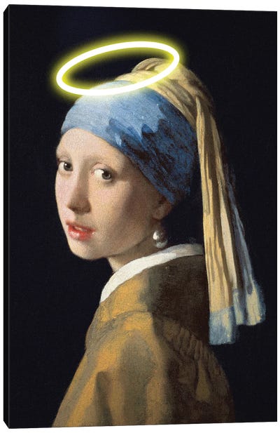 Girl With A Halo Canvas Art Print - Girl with a Pearl Earring Reimagined