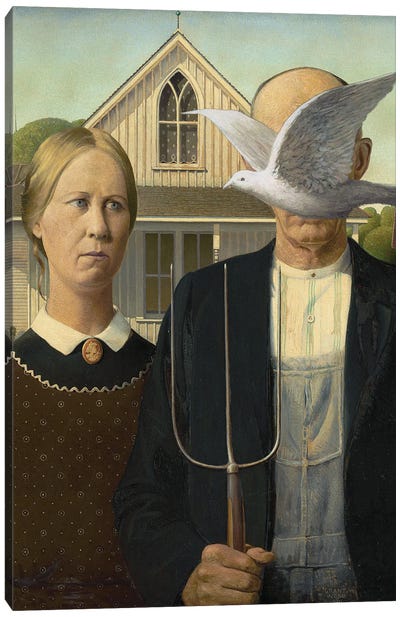 An American Couple And A Bird Canvas Art Print - American Gothic Reimagined