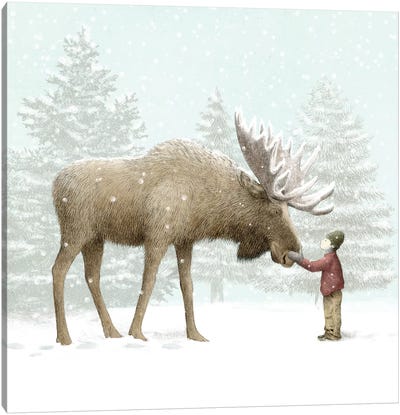Winter Moose Canvas Art Print - Children's Illustrations 