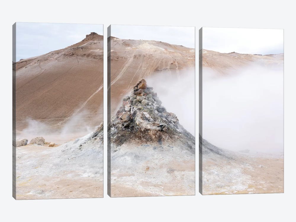 Iceland, Lake Myvatn District, Hverir Geothermal Area. Numerous Thermal Vents Sitting Next To A Hill Of Reddish Lava. by Ellen Goff 3-piece Canvas Wall Art