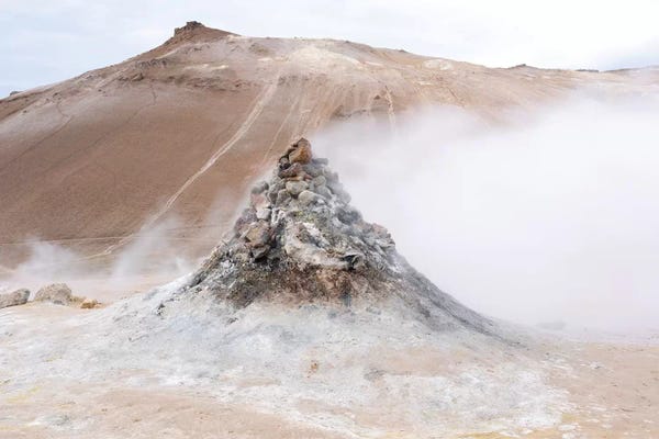 Ellen Goff: Iceland, Lake Myvatn District, Hverir Geothermal Area. Numerous Thermal Vents Sitting Next To A Hill Of Reddish Lava. by Ellen Goff