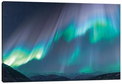 Iceland, Akureyri. The northern lights glow in unbelievable colors I Canvas Art Print - Iceland Art