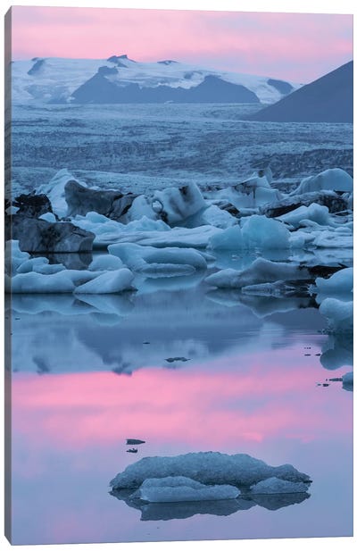 Iceland, Skaftafell National Park, Lake Jokulsarlon. Lake Jokulsarlon at sunset. Canvas Art Print - Glacier & Iceberg Art