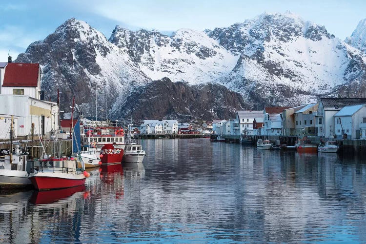Norway, Vestvag. Fishing village set among dramatic mountains.