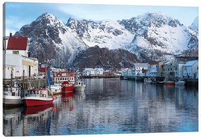 Norway, Vestvag. Fishing village set among dramatic mountains. Canvas Art Print