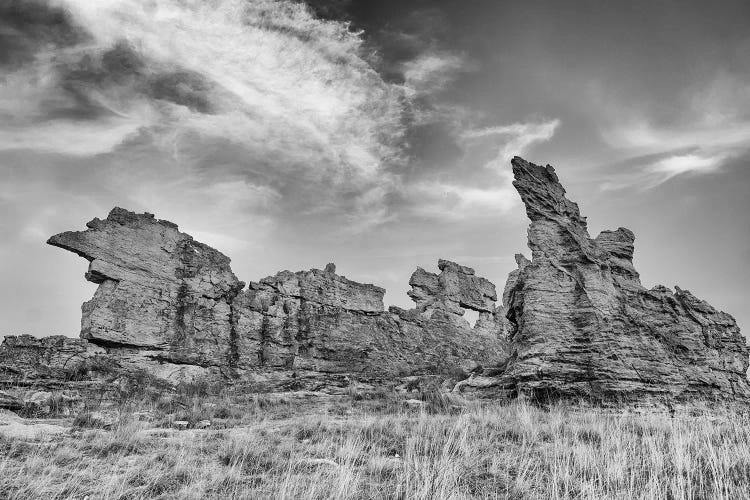 Africa, Madagascar, Isalo National Park. The Clouds Set Off The Sandstone Formation In This Black And White Rendition.