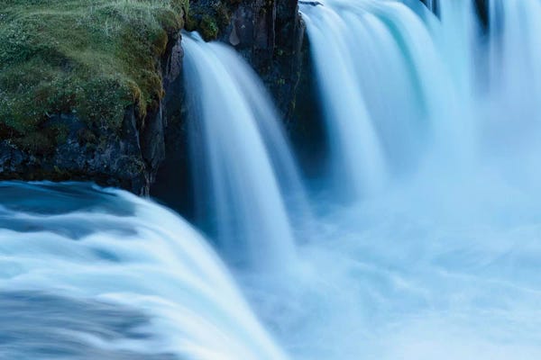 Ellen Goff: Iceland, Godafoss Waterfall. Some Of The Small Falls On The Edges Of The Main Fall Look Blue In The Evening Light. by Ellen Goff