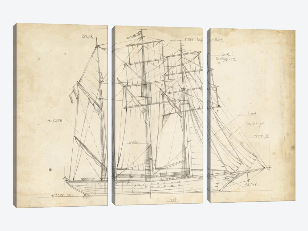 Sailboat Blueprint I by Ethan Harper 3-piece Art Print