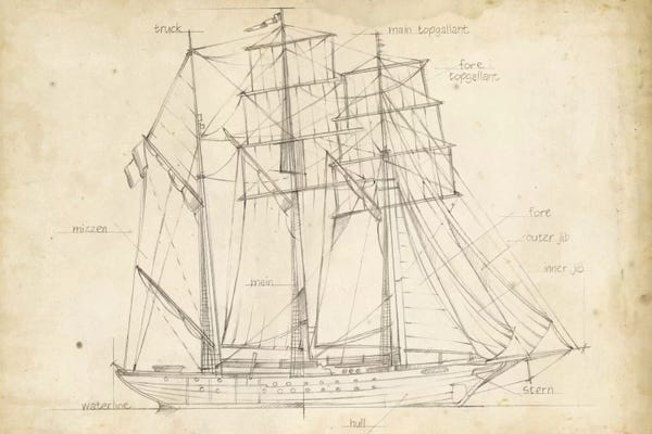 Blueprints & Patent Sketches: Sailboat Blueprint I by Ethan Harper