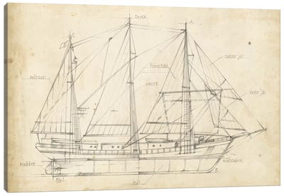 Sailboat Blueprint II Canvas Art Print - Nautical Décor
