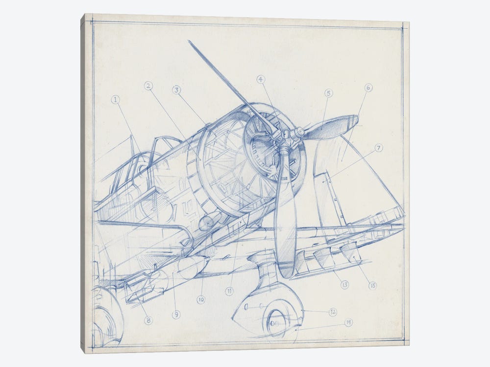 Airplane Mechanical Sketch I 1-piece Canvas Art Print