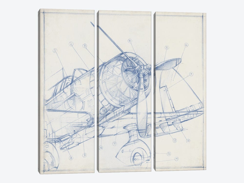 Airplane Mechanical Sketch I by Ethan Harper 3-piece Canvas Art Print
