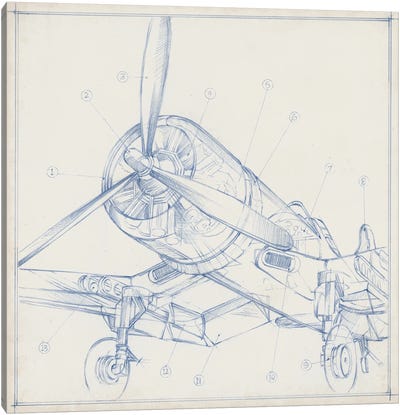Airplane Mechanical Sketch II Canvas Art Print - Aviation Blueprints