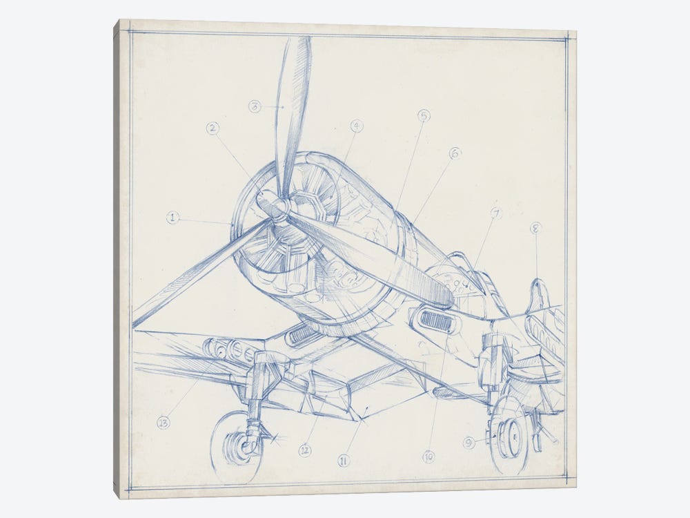 Airplane Mechanical Sketch II by Ethan Harper 1-piece Canvas Artwork