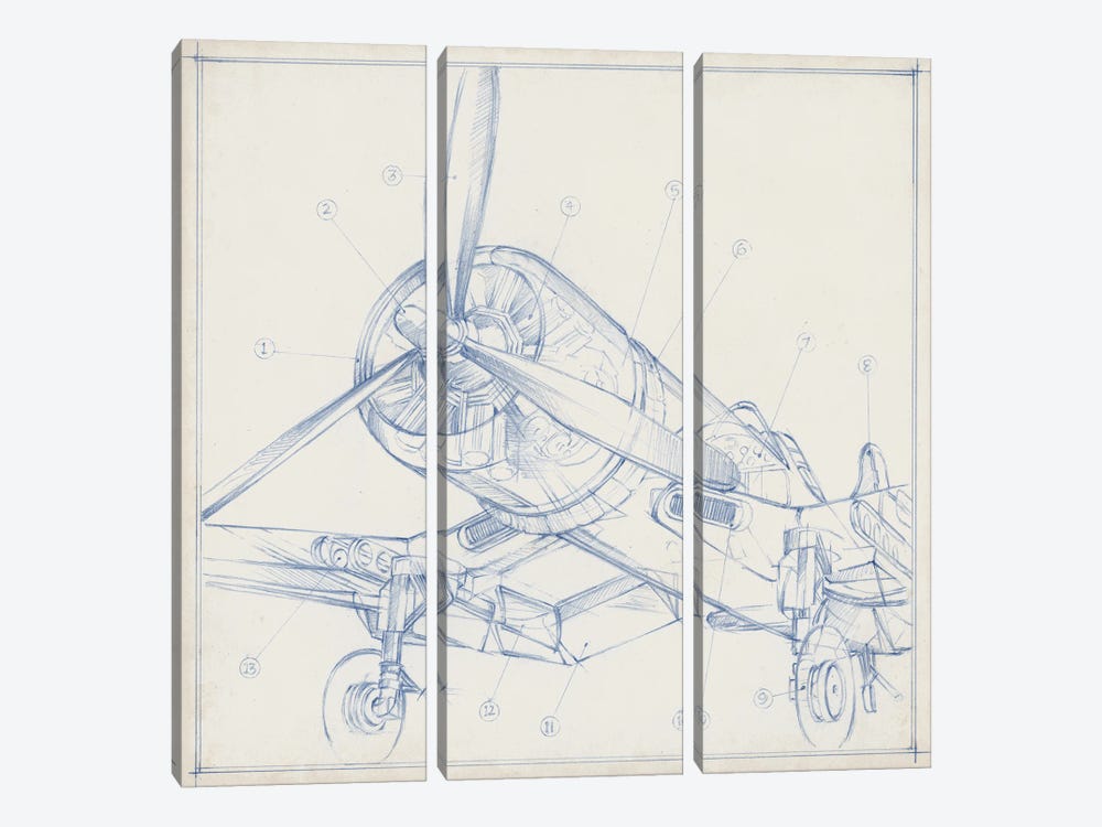 Airplane Mechanical Sketch II by Ethan Harper 3-piece Canvas Artwork