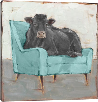 Moo-ving In IV - Black Canvas Art Print - Farm Animals
