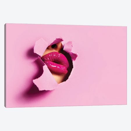 Pink Color Peep Lips Canvas Print #EHS13} by Unknown Artist Canvas Art
