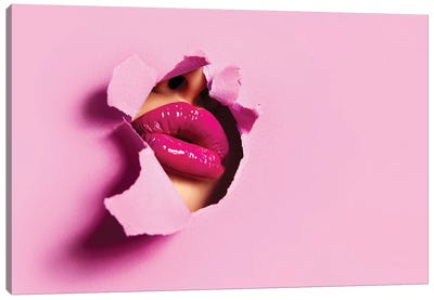 Pink Color Peep Lips Canvas Art Print - Lips Art