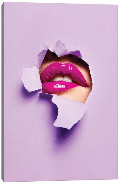 Purple Color Peep Lips Canvas Art Print - Lips Art