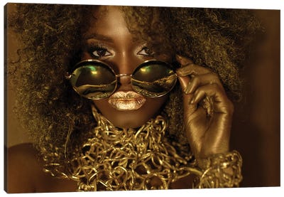 Beautiful African American Woman Wearing Gold Makeup Looking Above Sunglasses Canvas Art Print - Lips Art