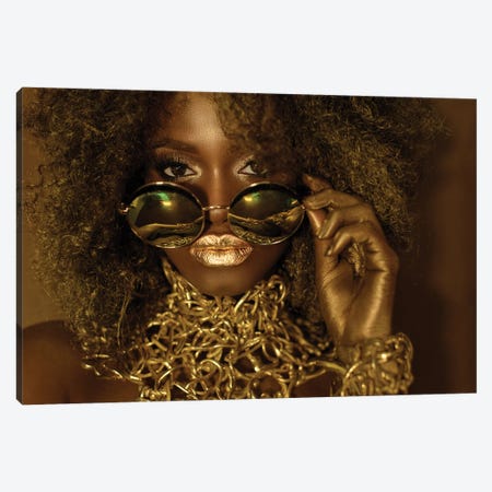 Beautiful African American Woman Wearing Gold Makeup Looking Above Sunglasses Canvas Print #EHS1} by Unknown Artist Art Print