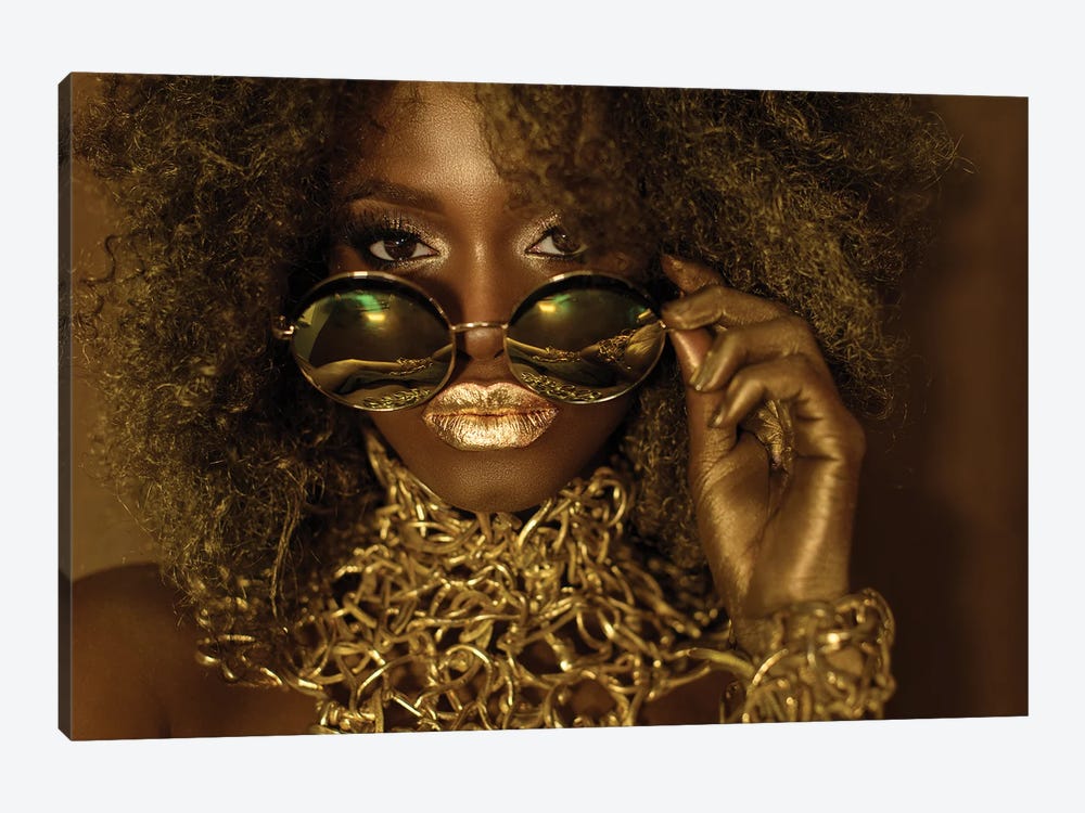 Beautiful African American Woman Wearing Gold Makeup Looking Above Sunglasses by Unknown Artist 1-piece Canvas Artwork