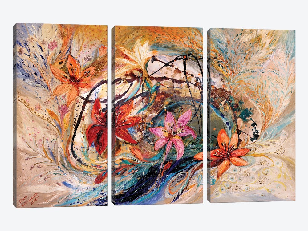 The Splash Of Life XVII. Hummingbird And Exotic Flowers by Elena Kotliarker 3-piece Canvas Wall Art