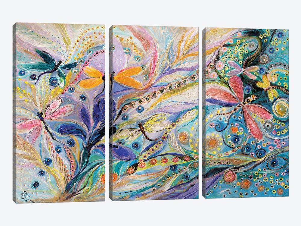 The Flowers And Dragonflies by Elena Kotliarker 3-piece Canvas Wall Art